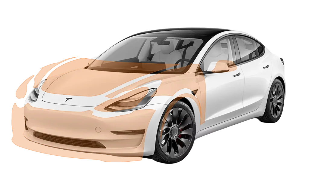 Tesla Model 3 with the entire hood, both front fenders, the bumper and mirror caps shaded as the protected area