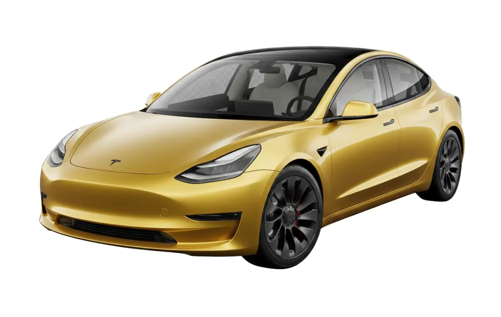 Tesla Model 3 in a gold coloured paint protection film