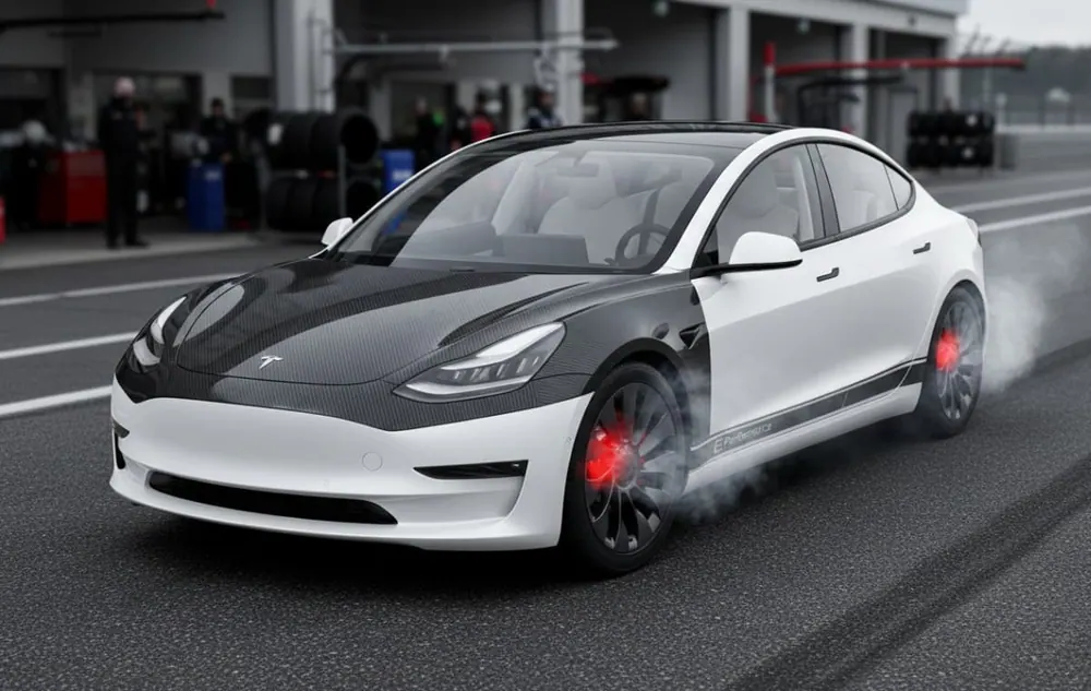 White Tesla Model 3 with a carbon fibre hood, front fender panel, rocker stripe and mirror caps