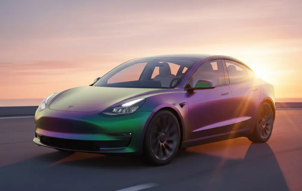 Tesla Model 3 in a colour-shifting wrap moving from purple to green along the body at sunset