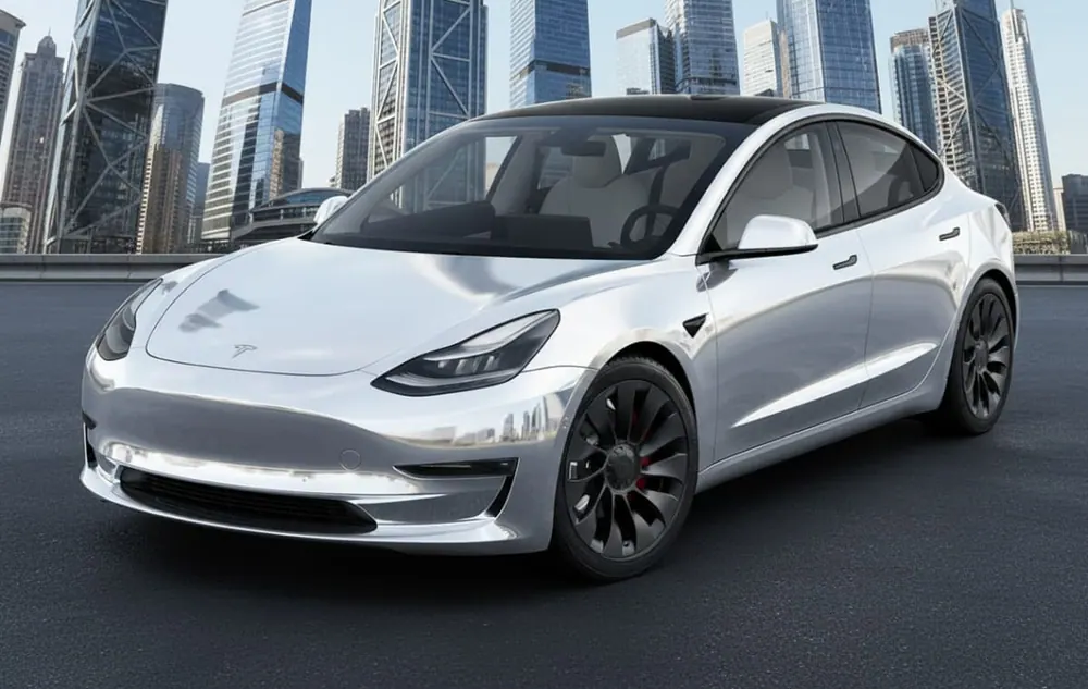 Silver Tesla Model 3 in a mirror chrome wrap in front of a city skyline