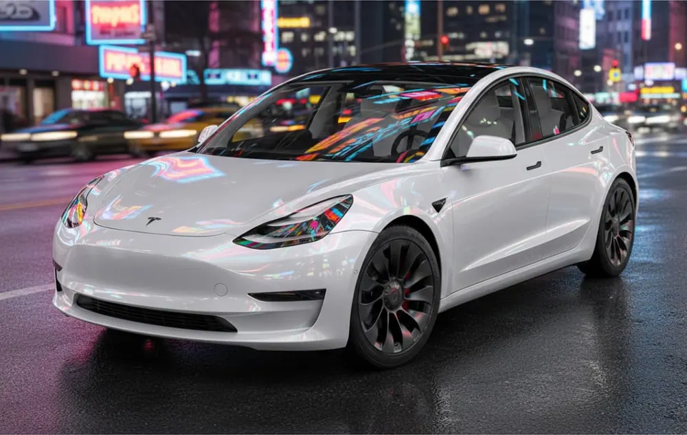 White Tesla Model 3 in a high-gloss wrap reflecting city lights at night