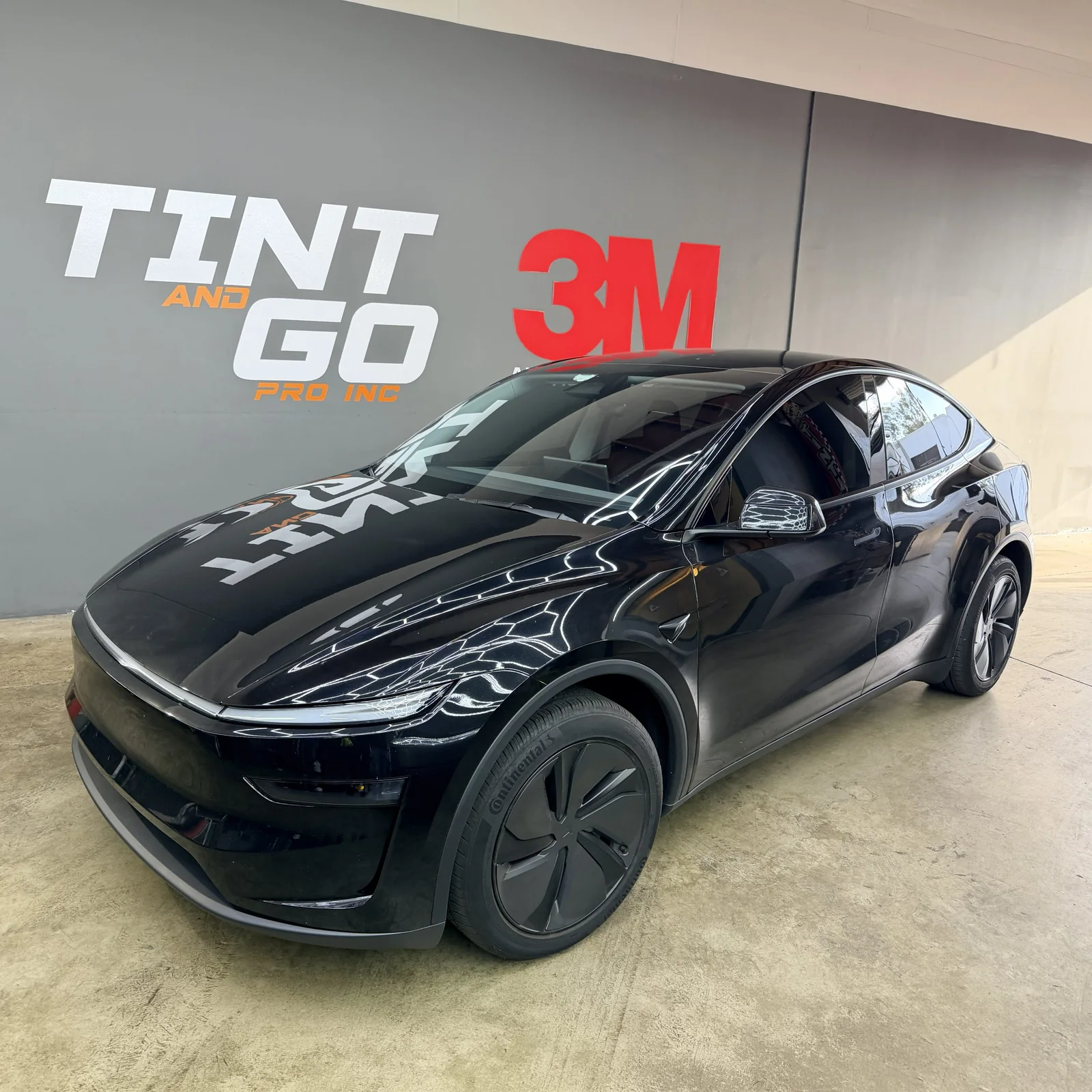 Black Tesla with tinted windows inside Tint and Go Pro